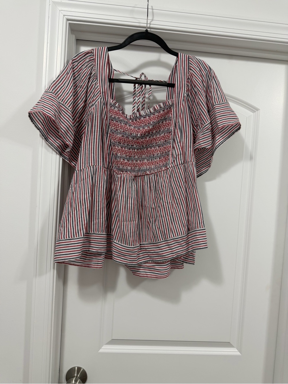 Old Navy Red and White Striped Smocked Peplum Top